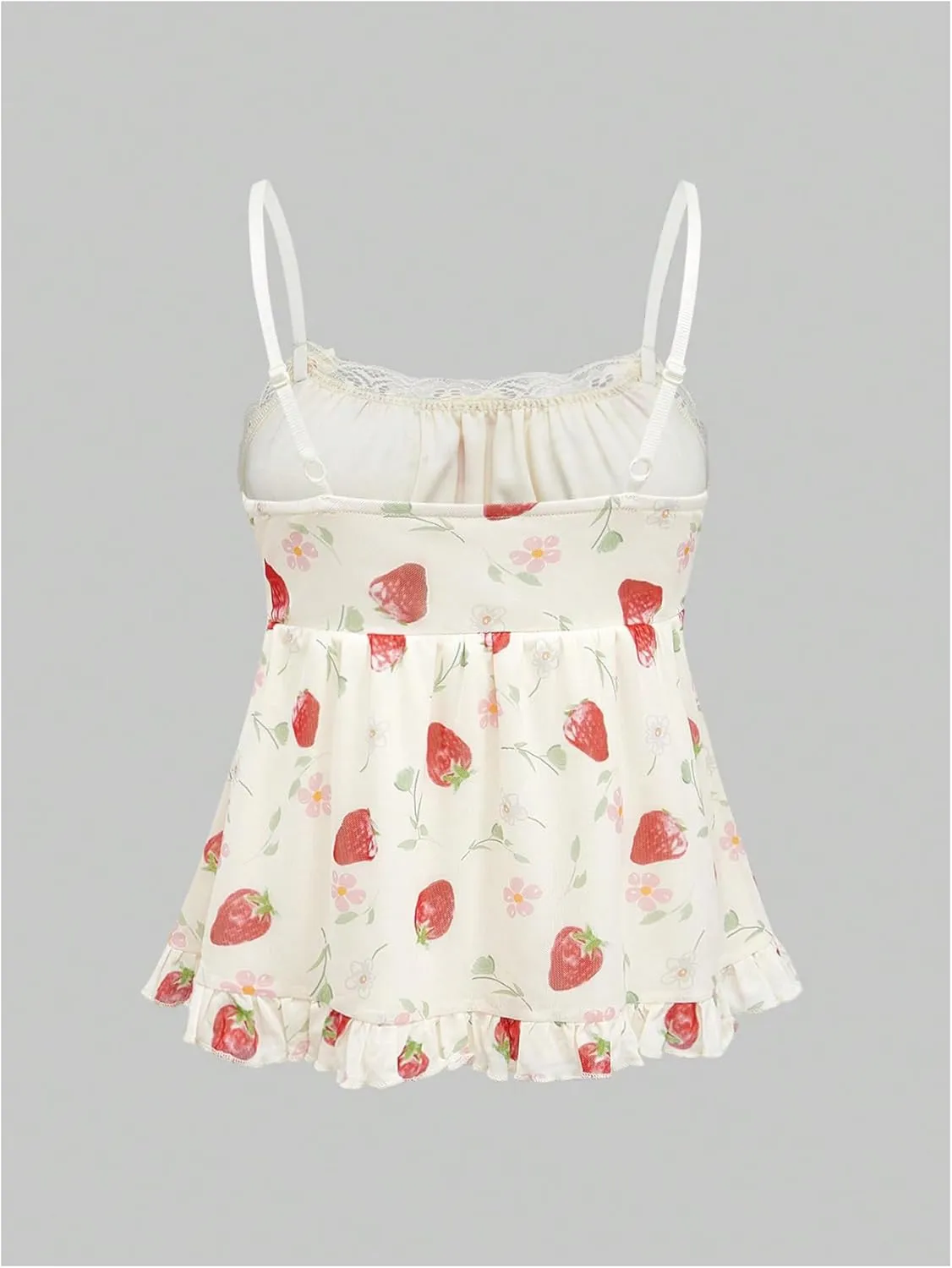 Floerns Women's Kawaii Strawberry Print Sleeveless Camisole Ruffle Hem Cute Cami Top