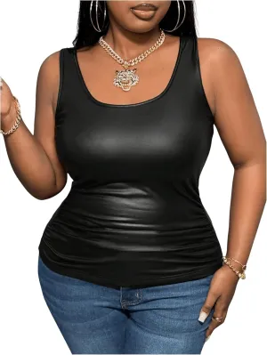 Floerns Women's Plus Size Sleeveless Vest Shirts Scoop Neck PU Leather Tank Top