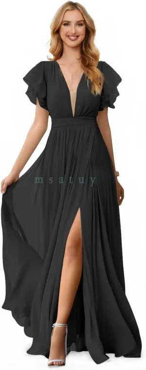 Flowy Chiffon Formal Bridesmaid Dresses V Neck Split Ruffle Sleeve Long Dress Evening Gowns for Wedding 2024