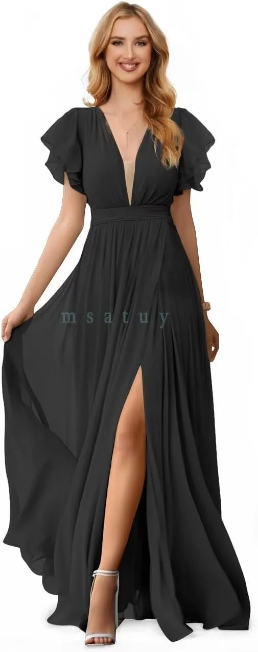 Flowy Chiffon Formal Bridesmaid Dresses V Neck Split Ruffle Sleeve Long Dress Evening Gowns for Wedding 2024