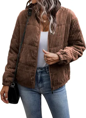Flygo Corduroy Puffer Jacket Women Quilted Jackets Lightweight Baggy Zip Spring Fall Jackets Coats 2024