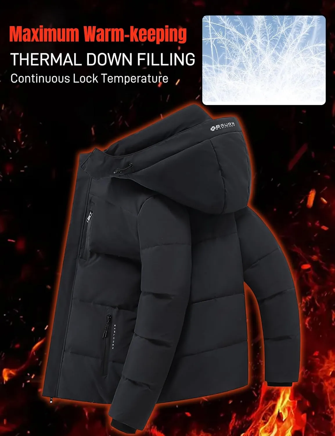 Flygo Puffer Jacket Men Down Jackets Winter Coats Waterproof Thicken Insulated Hooded Quilted Parka Snow Jacket