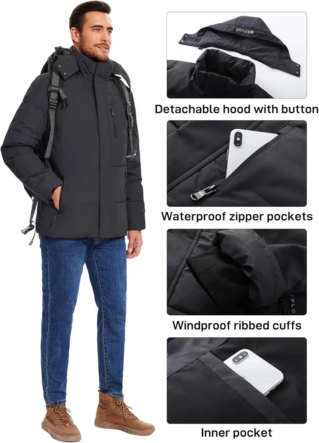 Flygo Puffer Jacket Men Down Jackets Winter Coats Waterproof Thicken Insulated Hooded Quilted Parka Snow Jacket