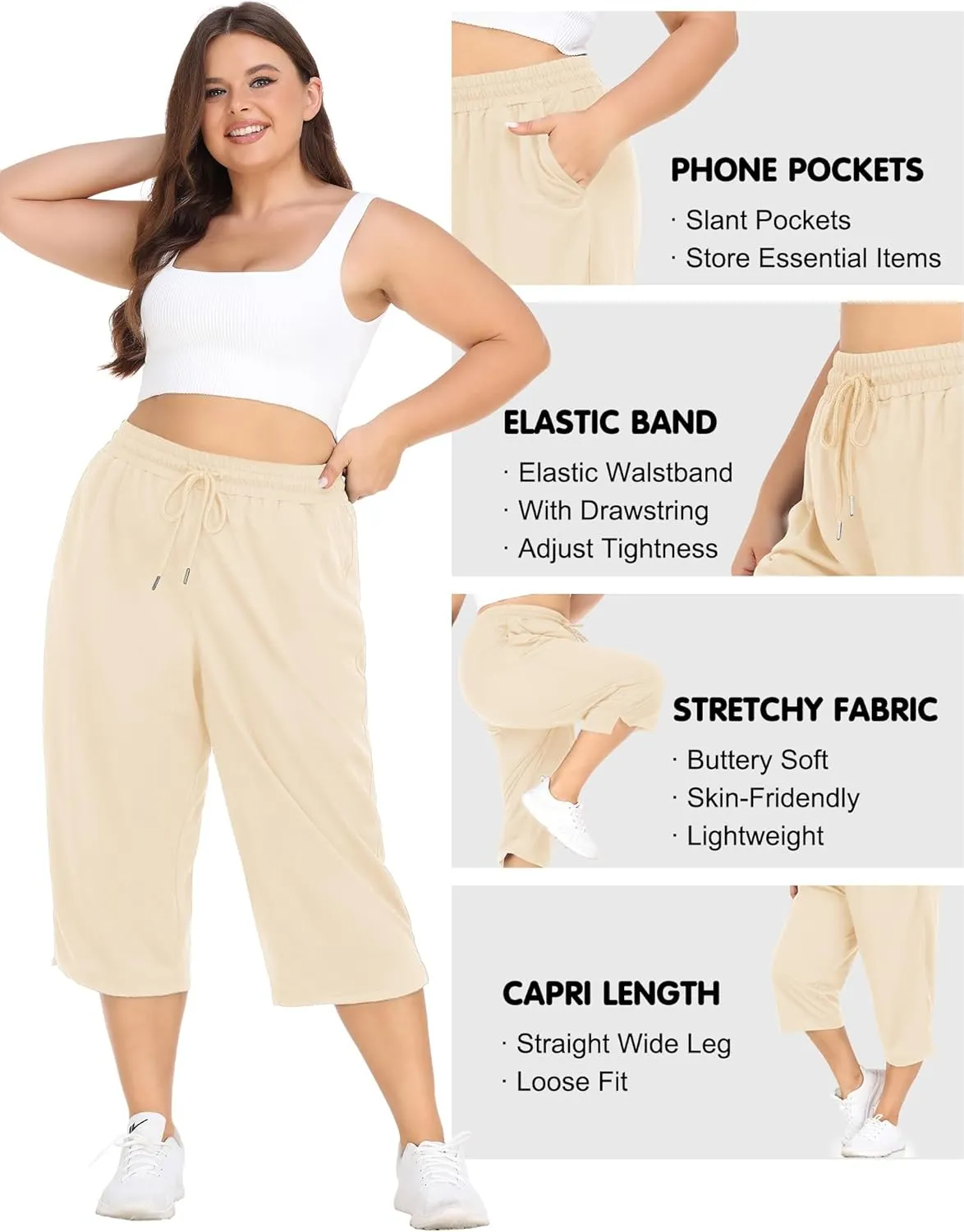 FOREYOND Plus Size Capri Pants for Women Loose Fit Yoga Pants with Pockets Workout Activewear Sweatpants