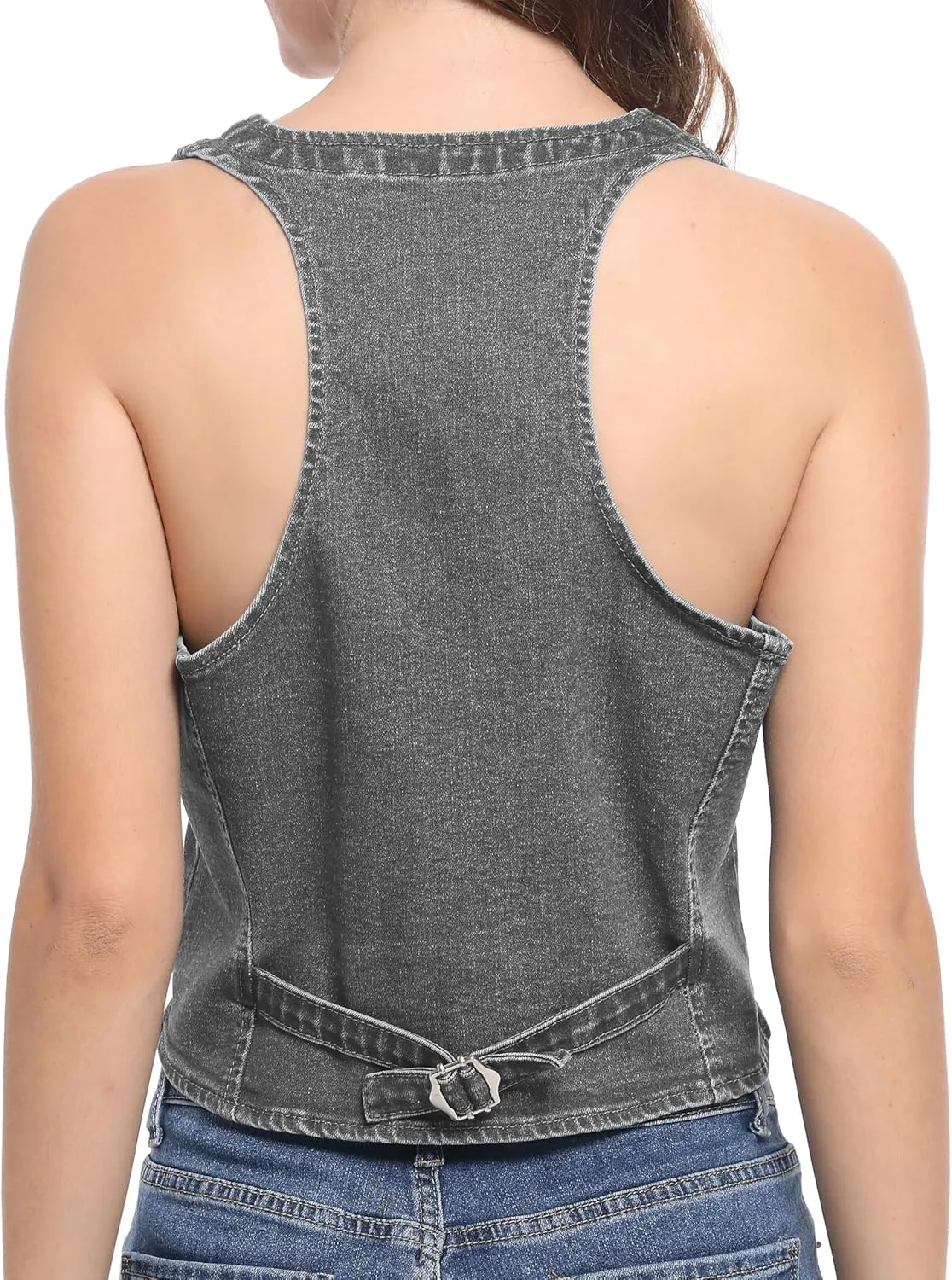 Foucome Womens Denim Vest Button Up V Neck Cropped Jean Vest Top