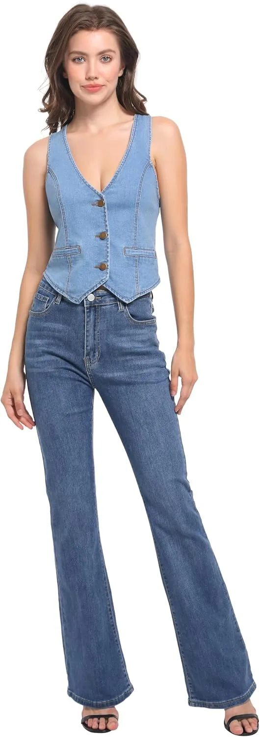 Foucome Womens Denim Vest Button Up V Neck Cropped Jean Vest Top