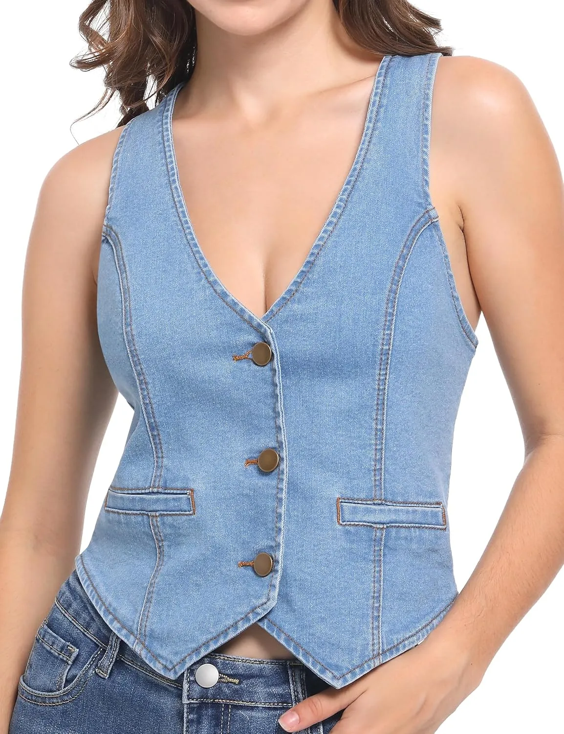 Foucome Womens Denim Vest Button Up V Neck Cropped Jean Vest Top