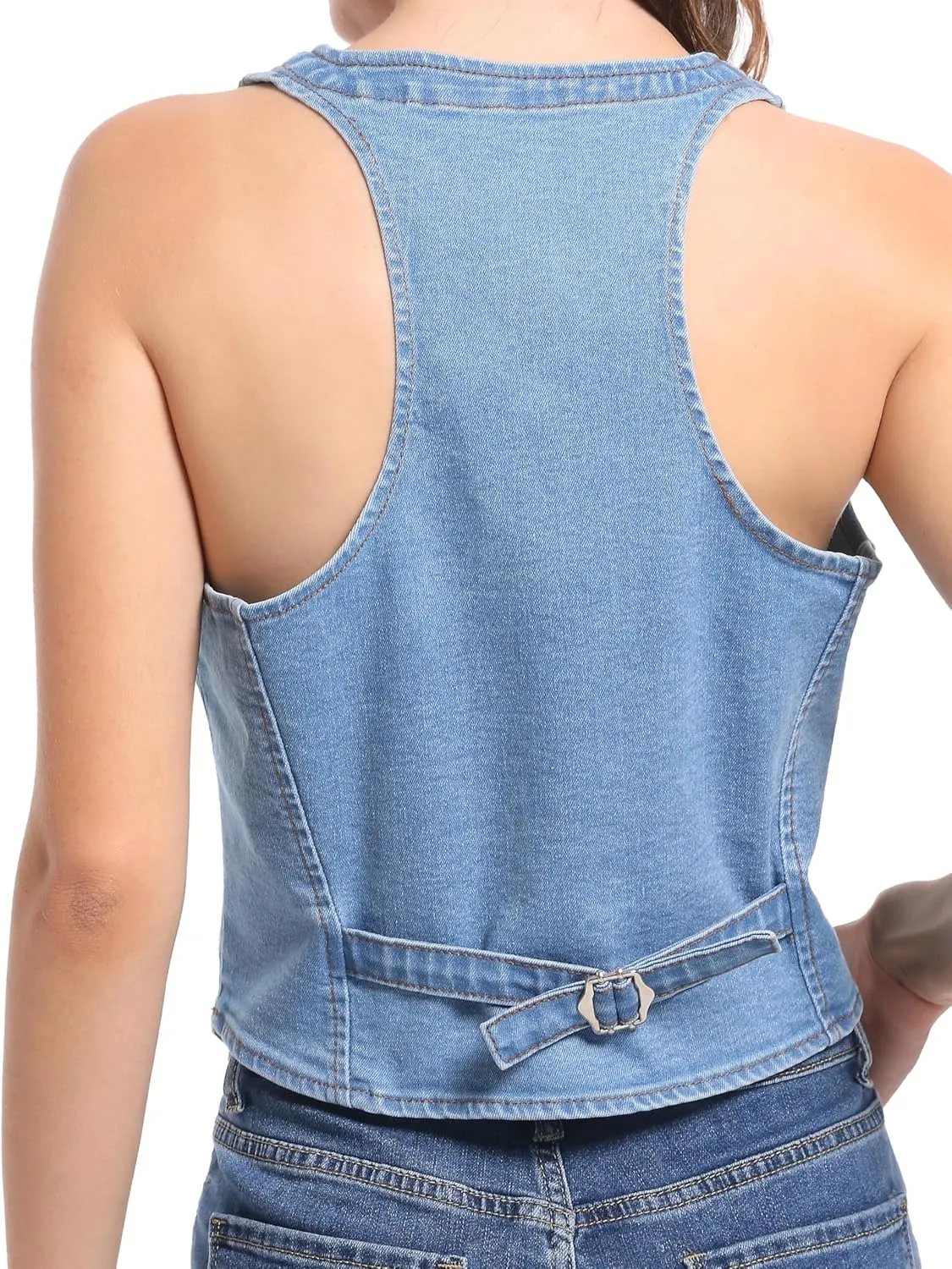 Foucome Womens Denim Vest Button Up V Neck Cropped Jean Vest Top