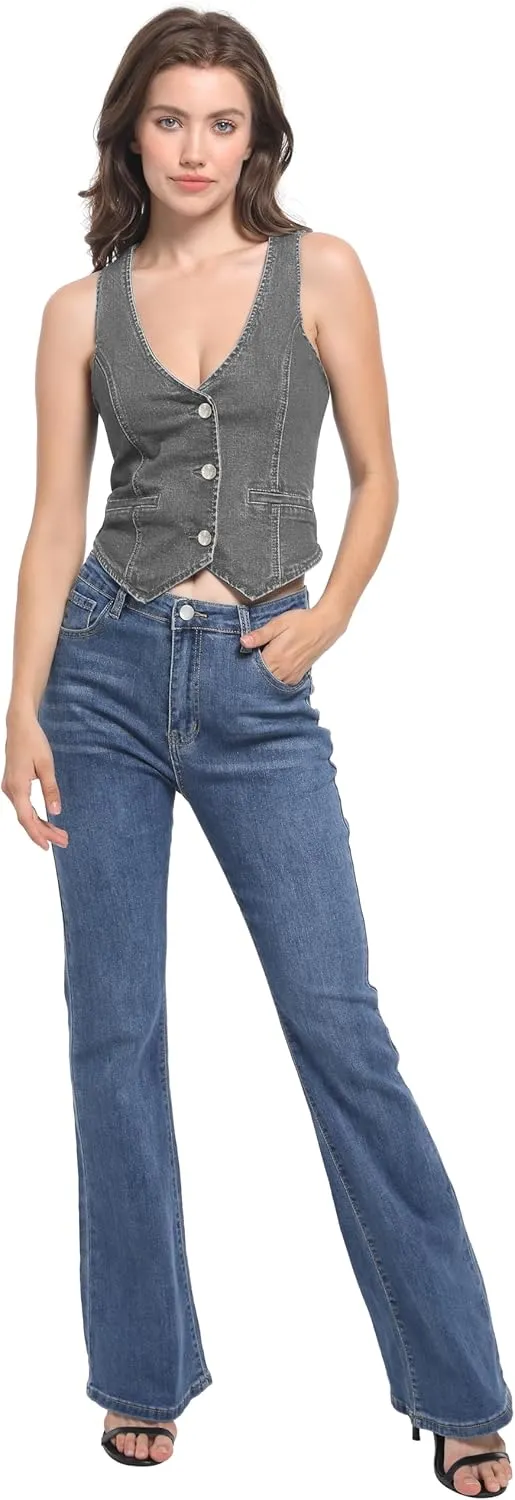 Foucome Womens Denim Vest Button Up V Neck Cropped Jean Vest Top