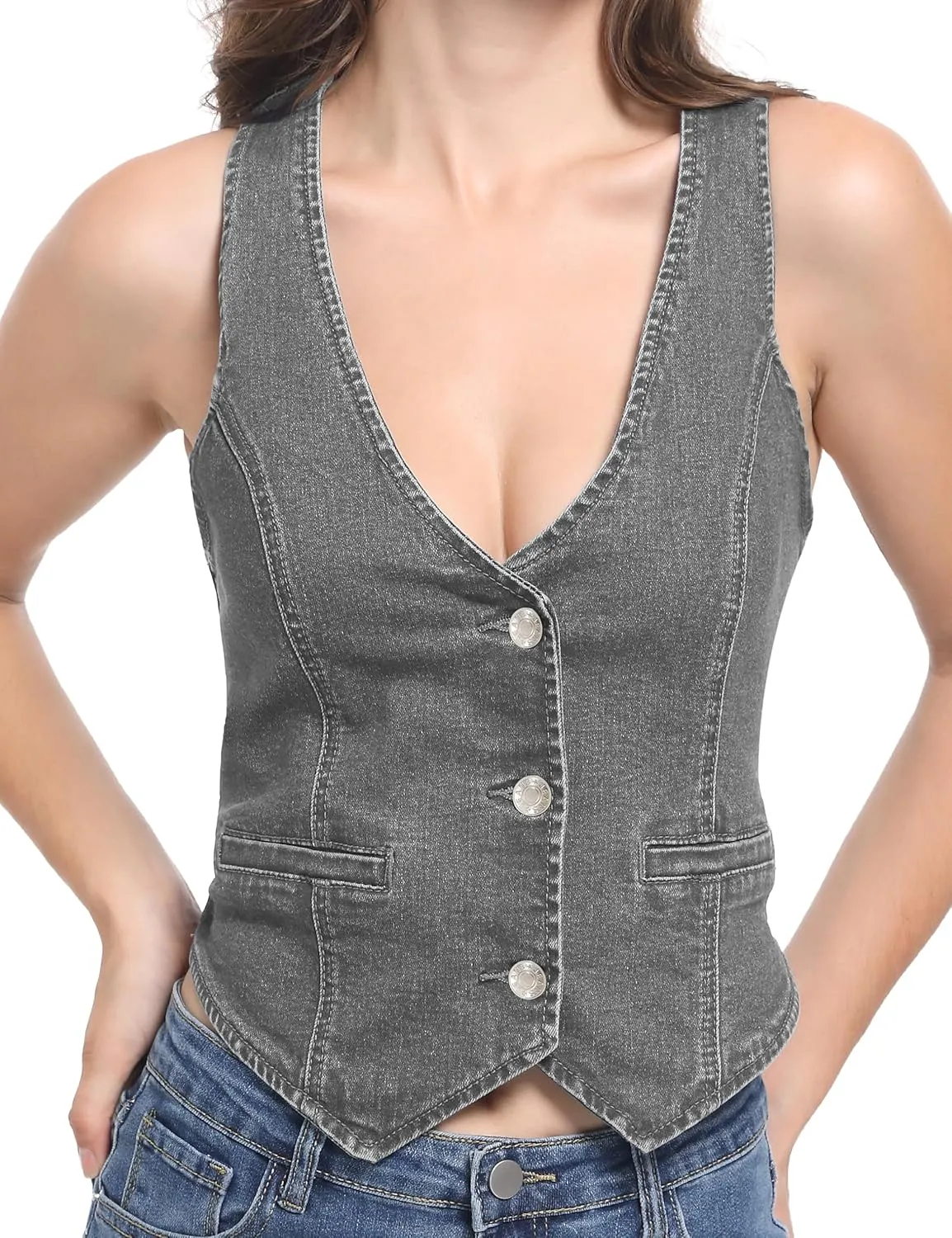Foucome Womens Denim Vest Button Up V Neck Cropped Jean Vest Top