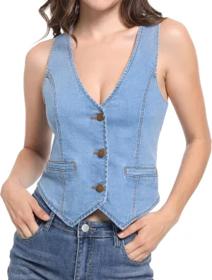 Foucome Womens Denim Vest Button Up V Neck Cropped Jean Vest Top