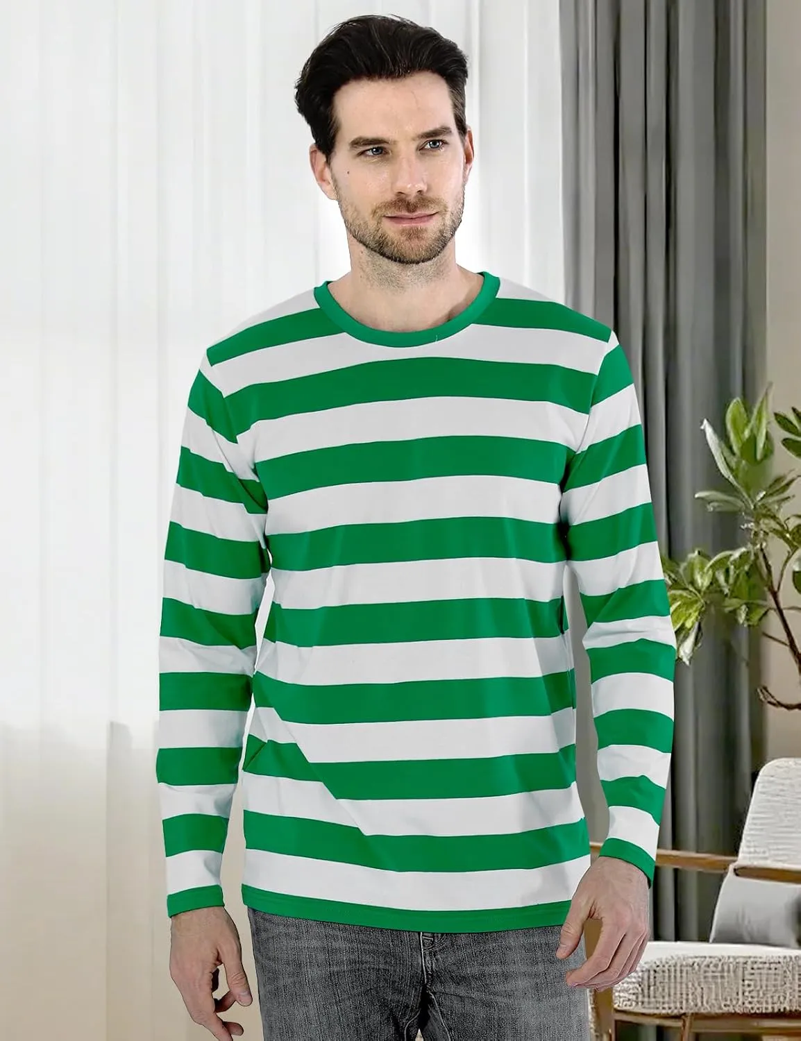 Funny World Men's Striped T-Shirt Crewneck Long Sleeves Basic Casual Top