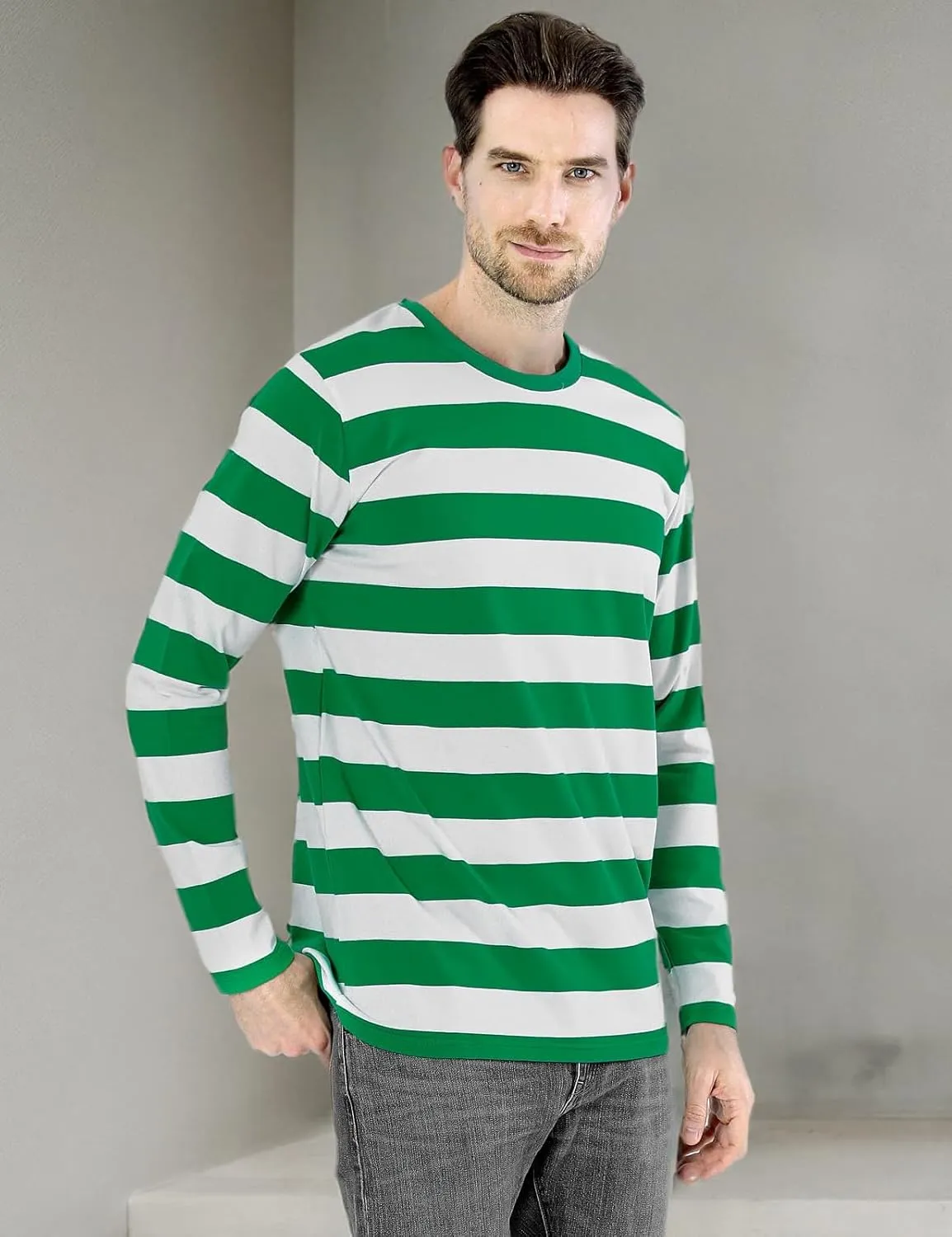 Funny World Men's Striped T-Shirt Crewneck Long Sleeves Basic Casual Top