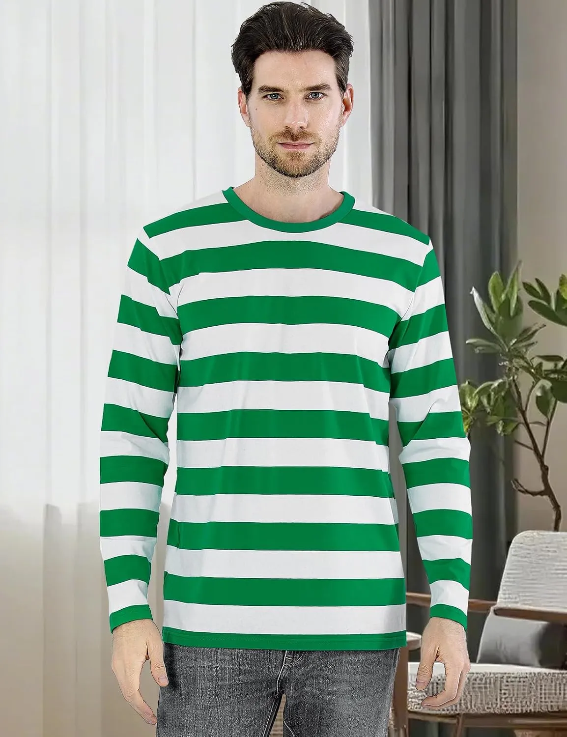 Funny World Men's Striped T-Shirt Crewneck Long Sleeves Basic Casual Top
