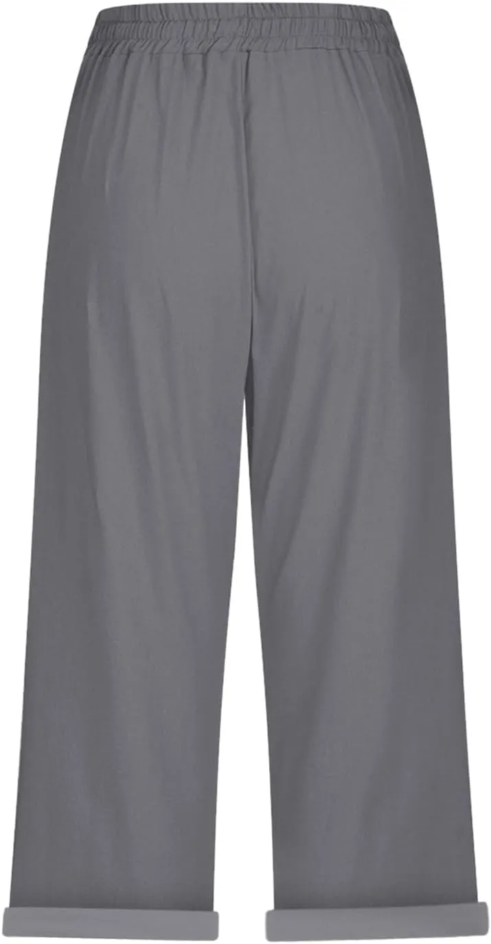 Gauze Beach Pants for Women Cotton Linen Elastic Seven Pants Beach Casual Loose Fit Drawstring Trousers with Pockets