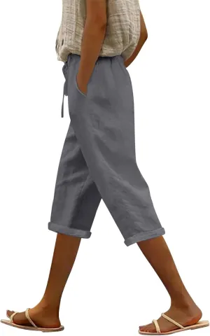 Gauze Beach Pants for Women Cotton Linen Elastic Seven Pants Beach Casual Loose Fit Drawstring Trousers with Pockets