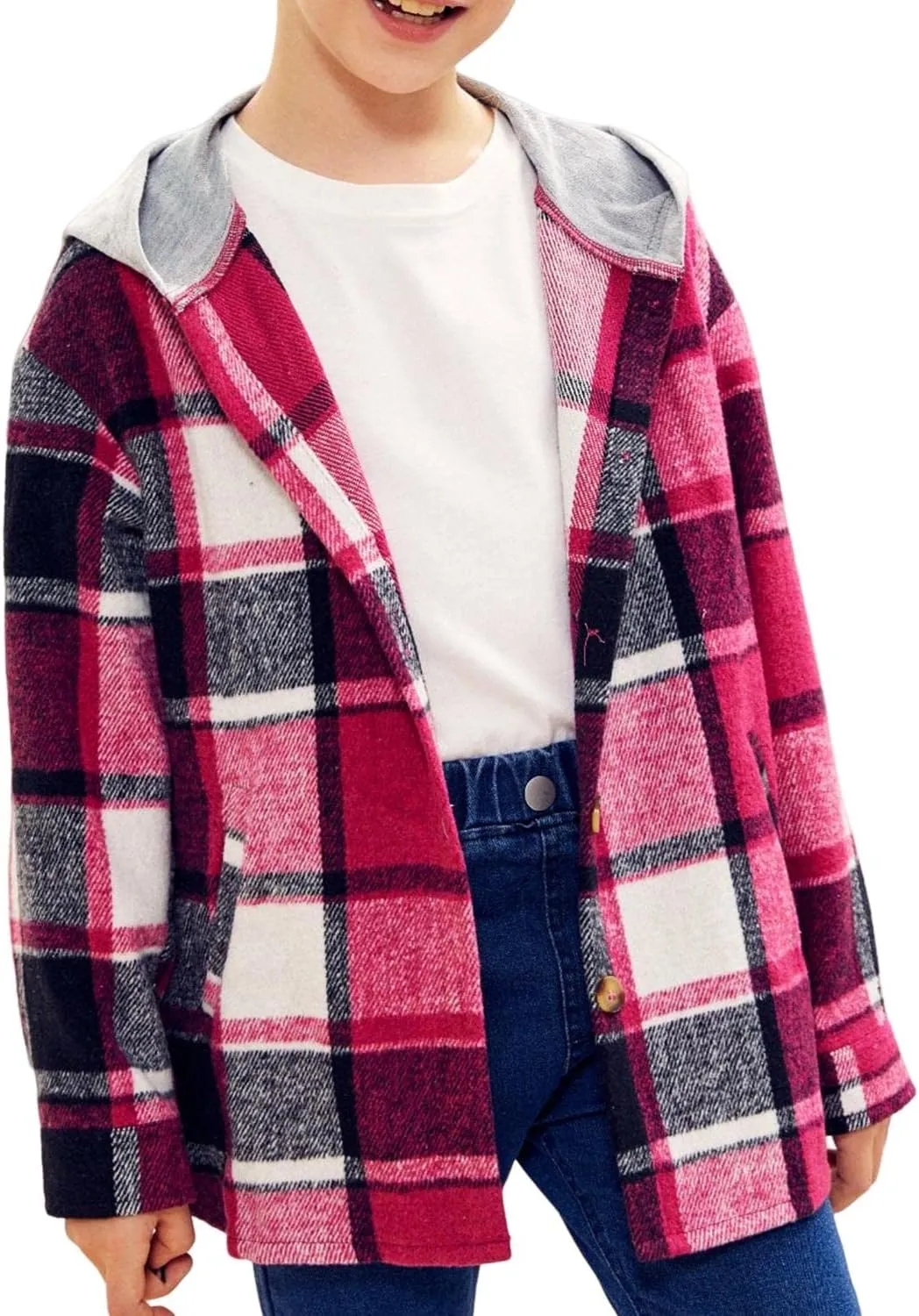 Girls Cute Flannel Plaid Button Down Top with Pockets Long Sleeve Hooded Jacket