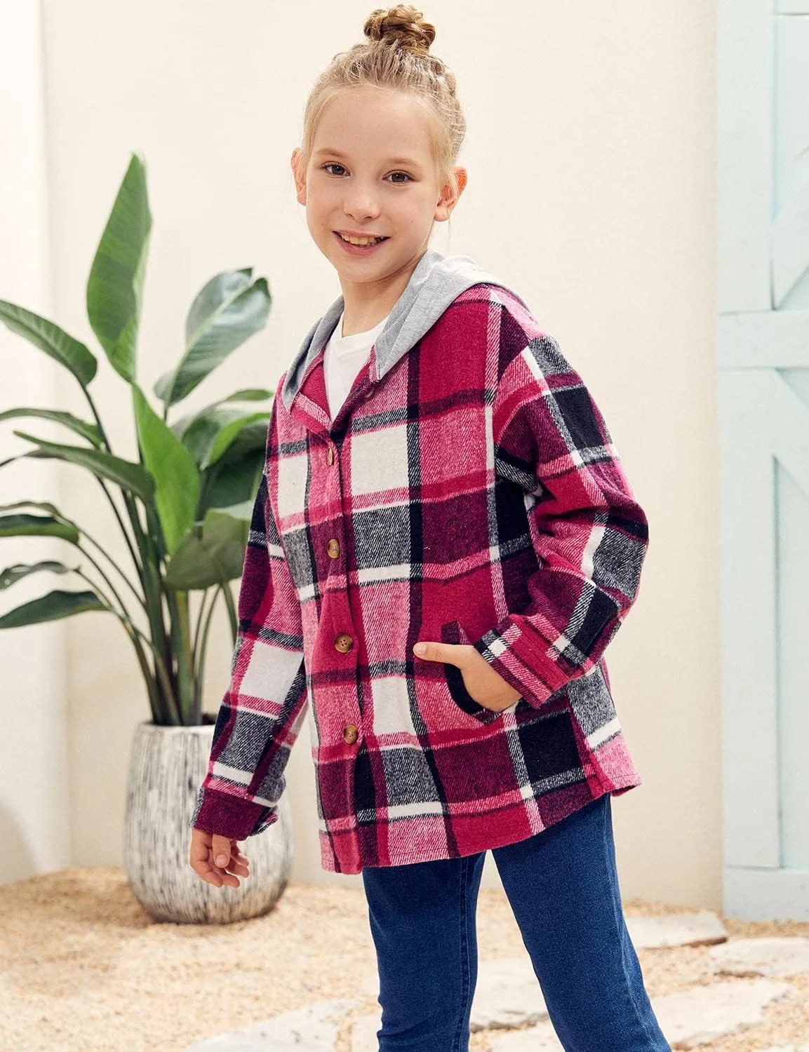 Girls Cute Flannel Plaid Button Down Top with Pockets Long Sleeve Hooded Jacket