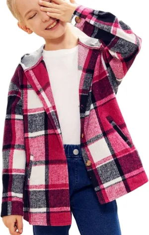 Girls Cute Flannel Plaid Button Down Top with Pockets Long Sleeve Hooded Jacket