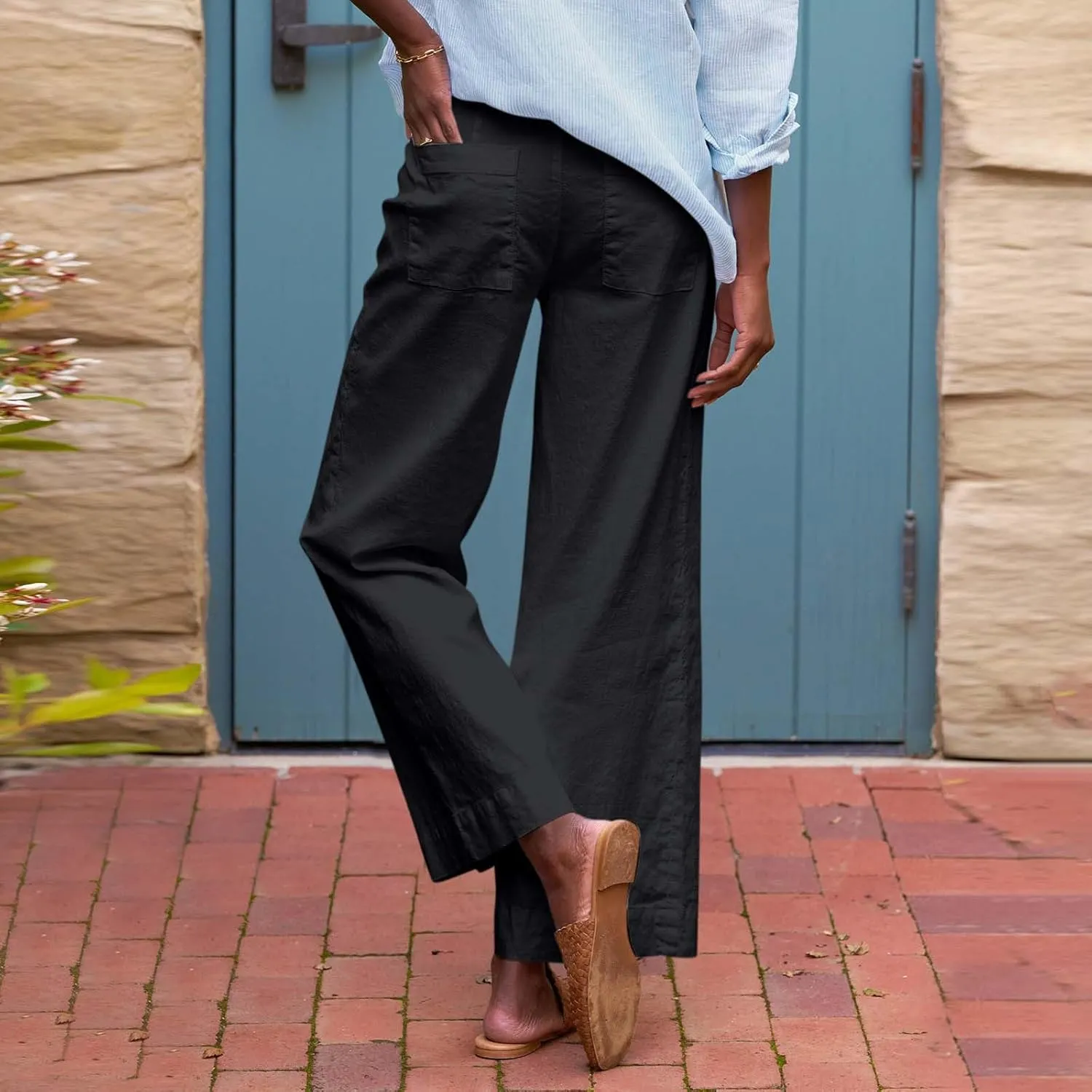 GOFULY Linen Palazzo Pants 2025 Vacation Summer Button Zipper Lounge Pants High Rise with Pocket Elegant Solid Beach Clothes