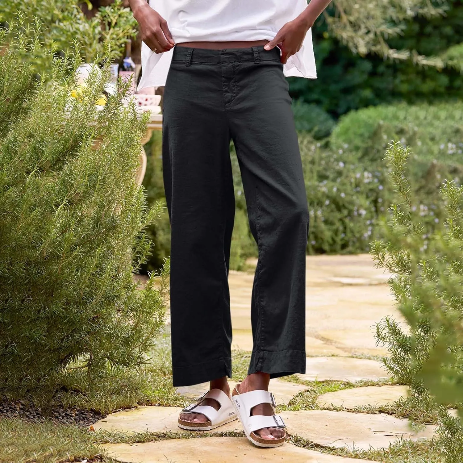 GOFULY Linen Palazzo Pants 2025 Vacation Summer Button Zipper Lounge Pants High Rise with Pocket Elegant Solid Beach Clothes