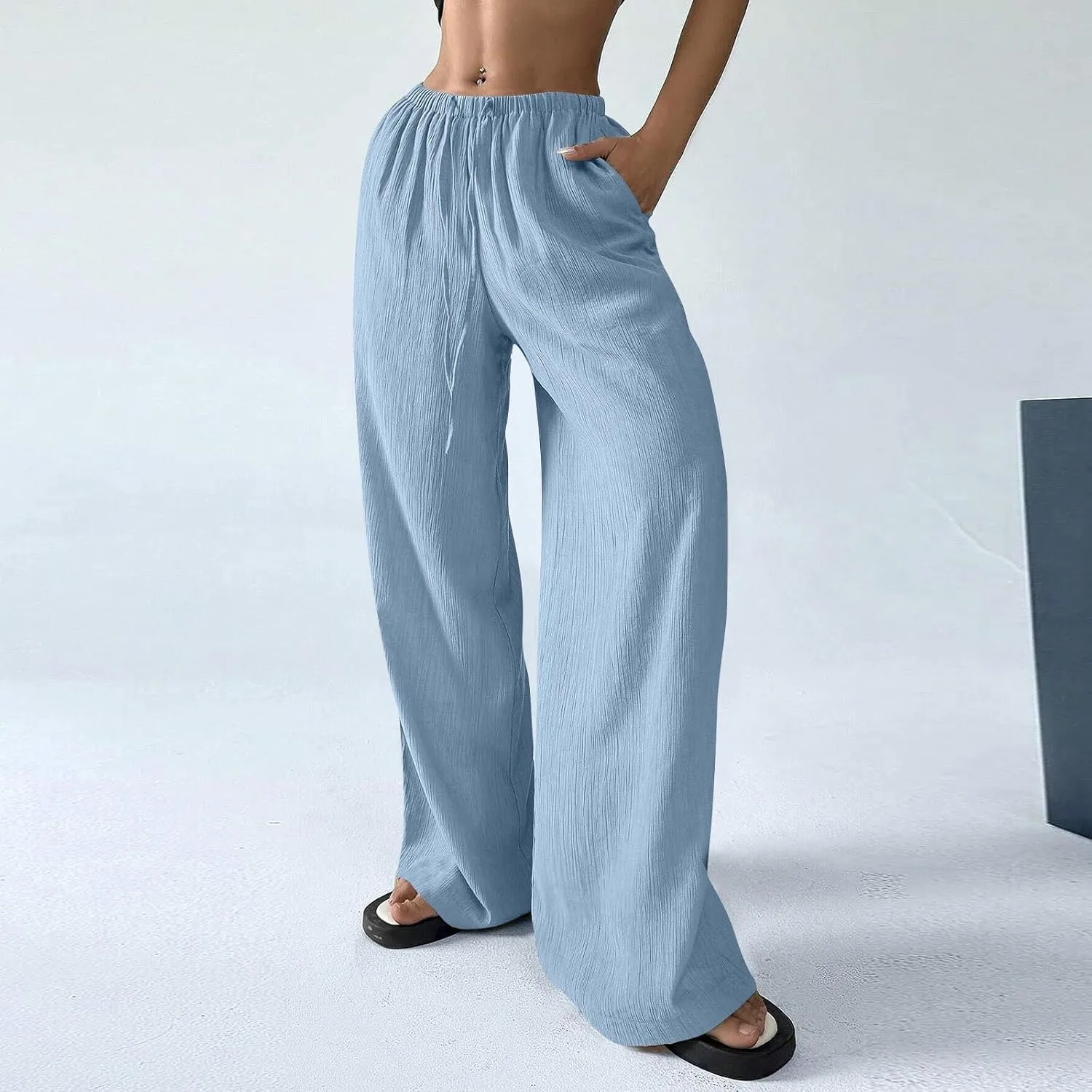 GOFULY Linen Palazzo Pants Women Wide Leg Trendy 2025 Pants High Waisted Drawstring Elastic Waist Summer Baggy Solid Trousers