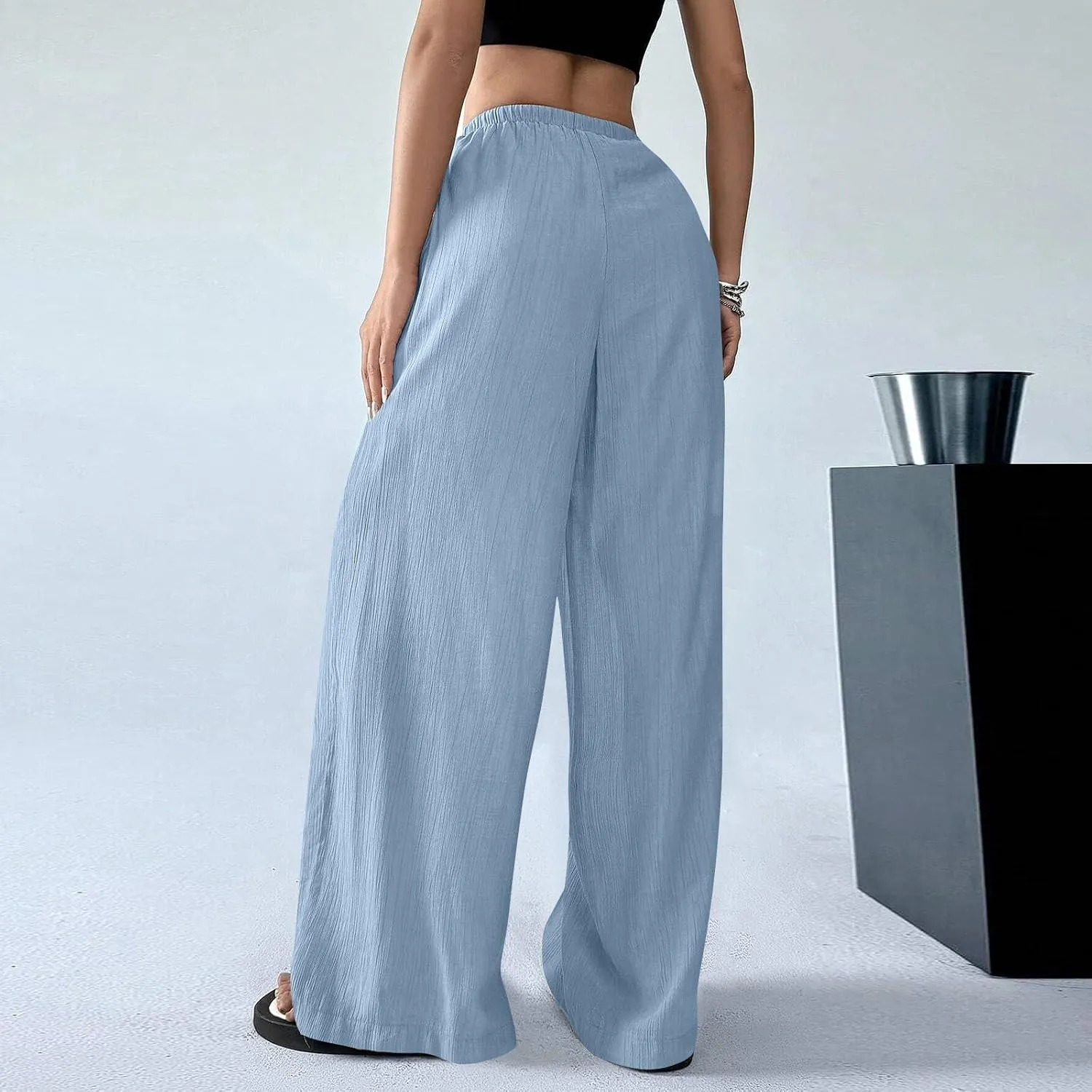 GOFULY Linen Palazzo Pants Women Wide Leg Trendy 2025 Pants High Waisted Drawstring Elastic Waist Summer Baggy Solid Trousers
