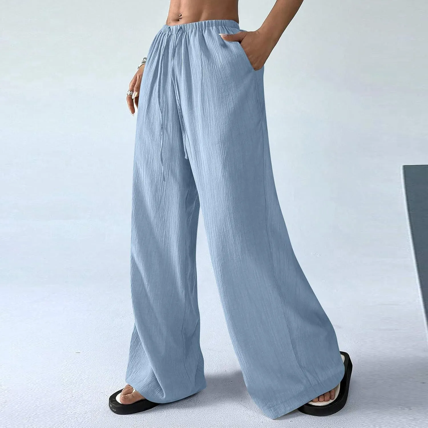 GOFULY Linen Palazzo Pants Women Wide Leg Trendy 2025 Pants High Waisted Drawstring Elastic Waist Summer Baggy Solid Trousers