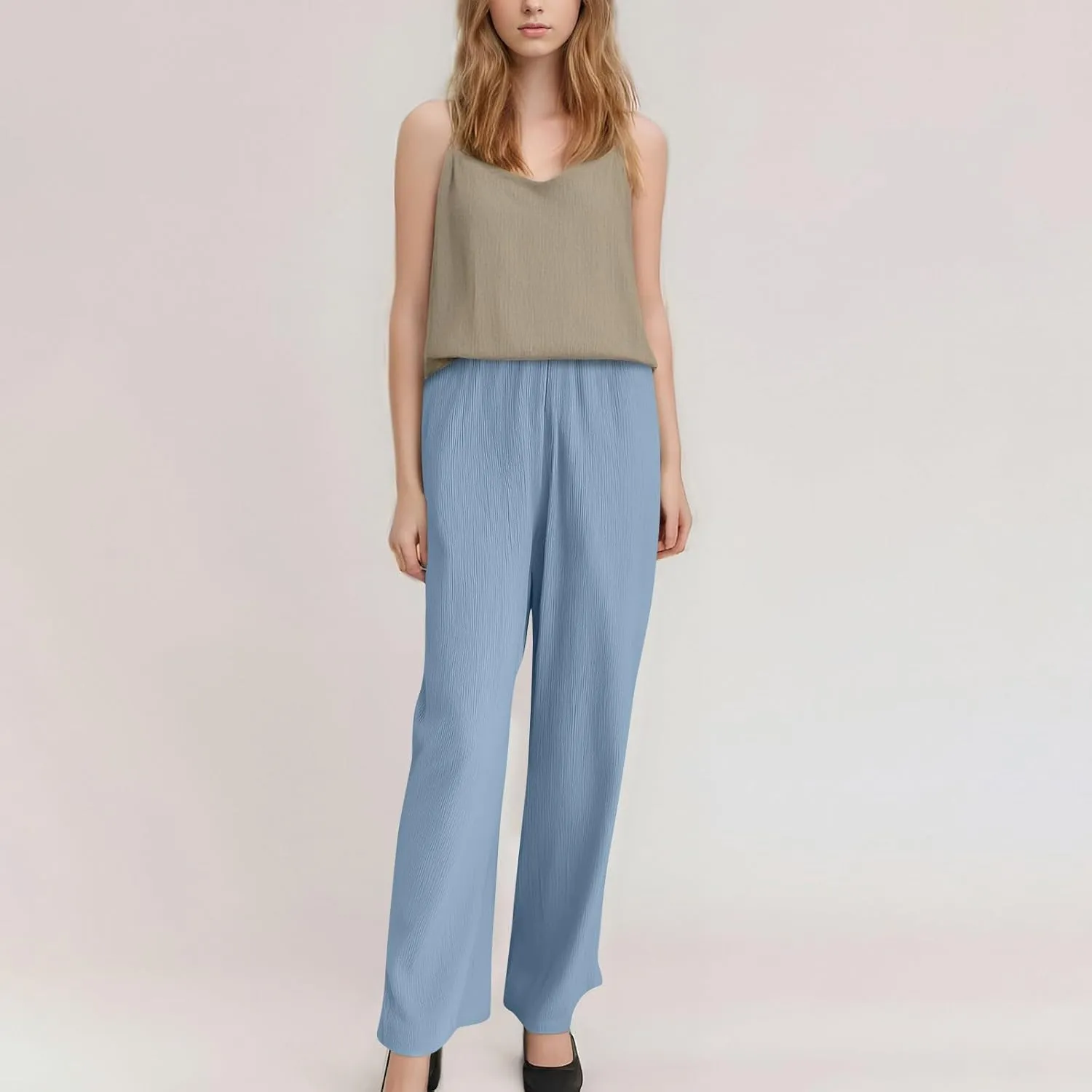 GOFULY Linen Palazzo Pants Women Wide Leg Trendy 2025 Pants High Waisted Drawstring Elastic Waist Summer Baggy Solid Trousers