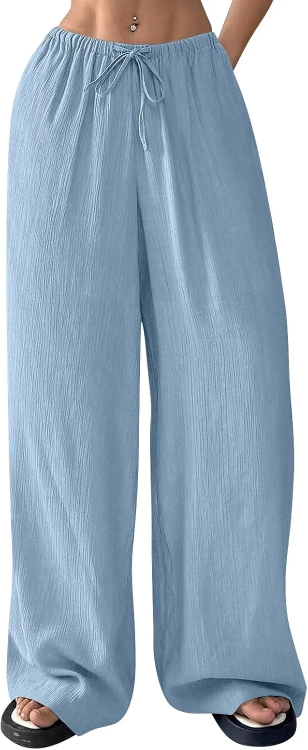 GOFULY Linen Palazzo Pants Women Wide Leg Trendy 2025 Pants High Waisted Drawstring Elastic Waist Summer Baggy Solid Trousers