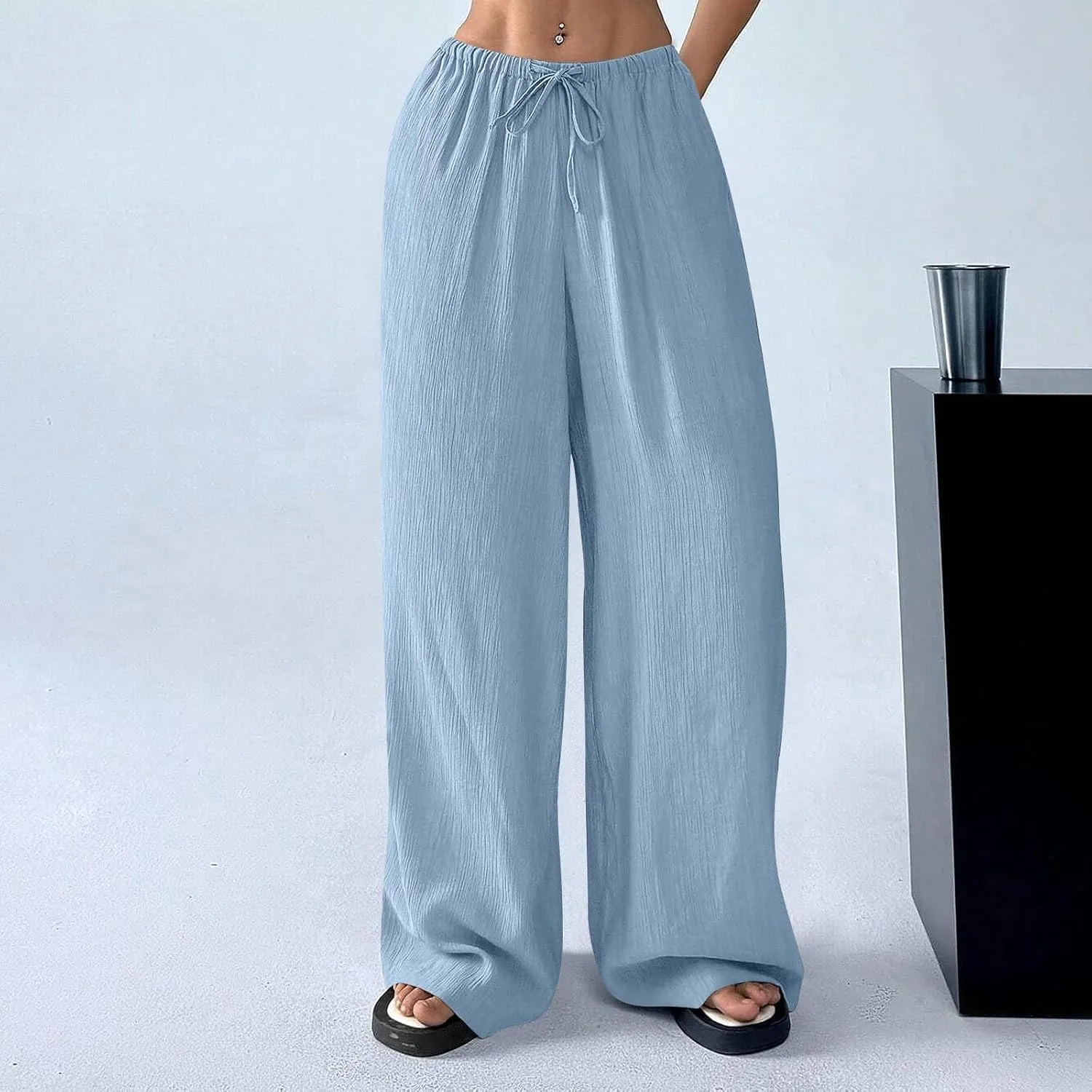 GOFULY Linen Palazzo Pants Women Wide Leg Trendy 2025 Pants High Waisted Drawstring Elastic Waist Summer Baggy Solid Trousers