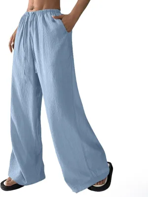 GOFULY Linen Palazzo Pants Women Wide Leg Trendy 2025 Pants High Waisted Drawstring Elastic Waist Summer Baggy Solid Trousers