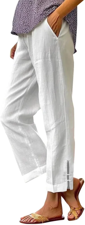 GOFULY Linen Pants for Women Summer 2025 Beach Elastic Waist Pants Wide Leg High Waisted with Pockets Loose Fit Solid Outfits