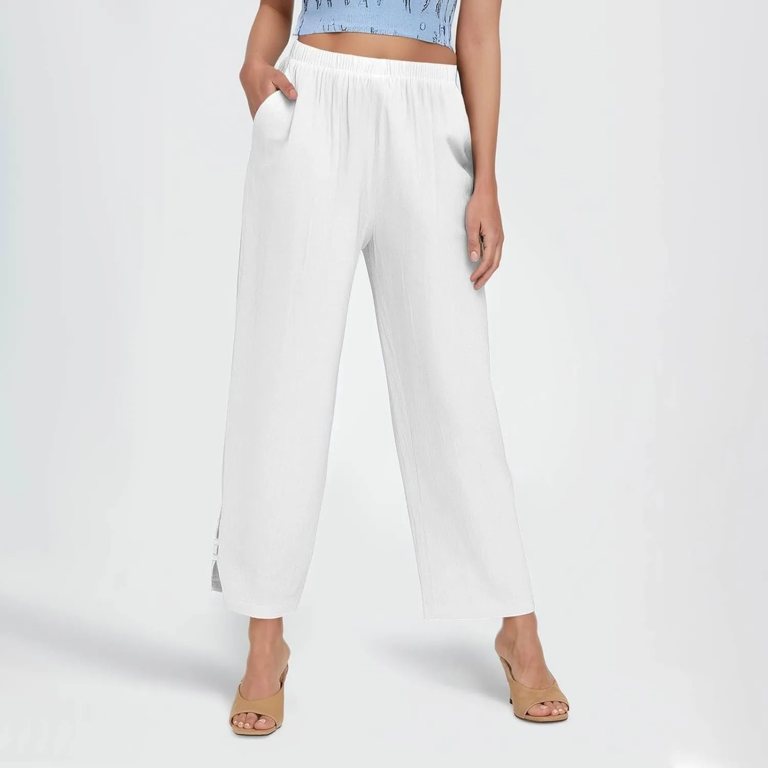 GOFULY Linen Pants for Women Summer 2025 Beach Elastic Waist Pants Wide Leg High Waisted with Pockets Loose Fit Solid Outfits