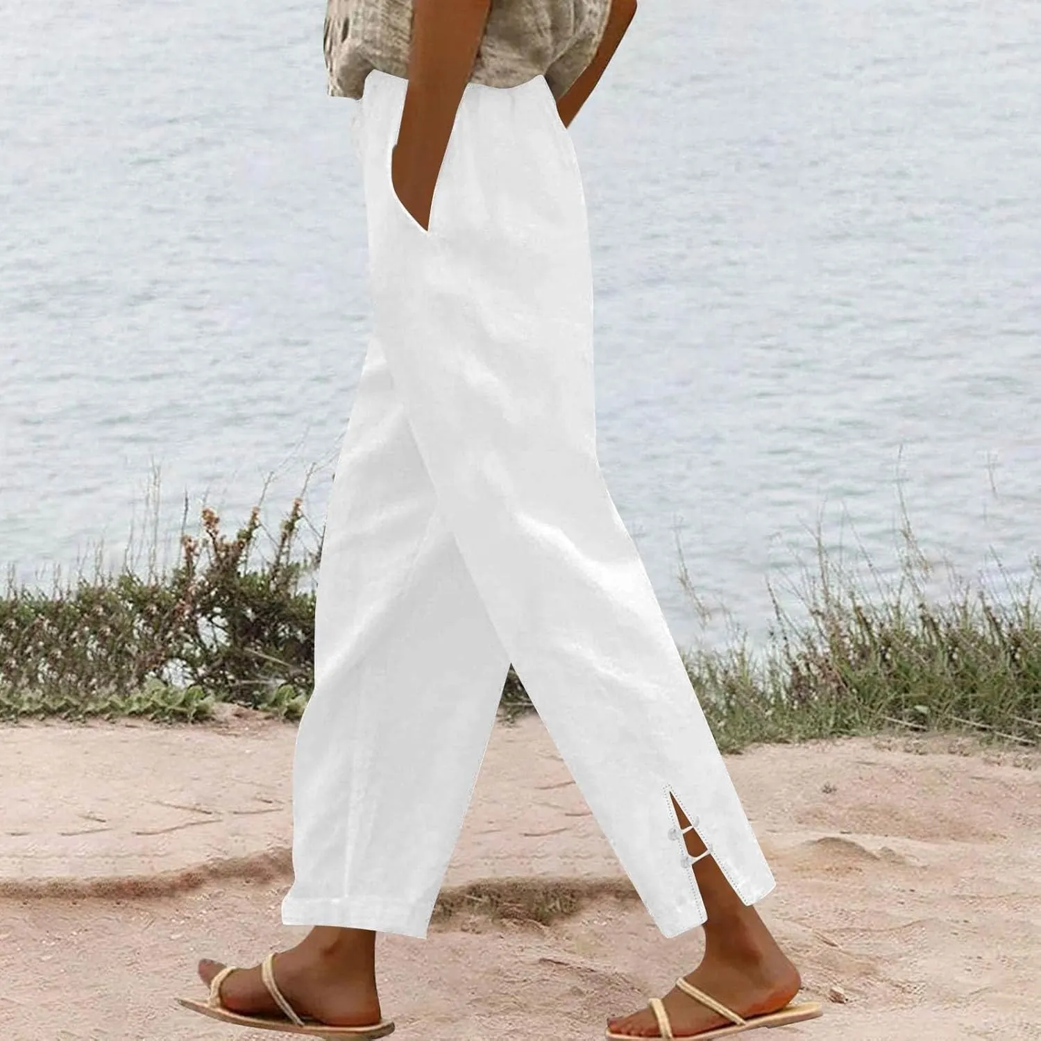 GOFULY Linen Pants for Women Summer 2025 Beach Elastic Waist Pants Wide Leg High Waisted with Pockets Loose Fit Solid Outfits