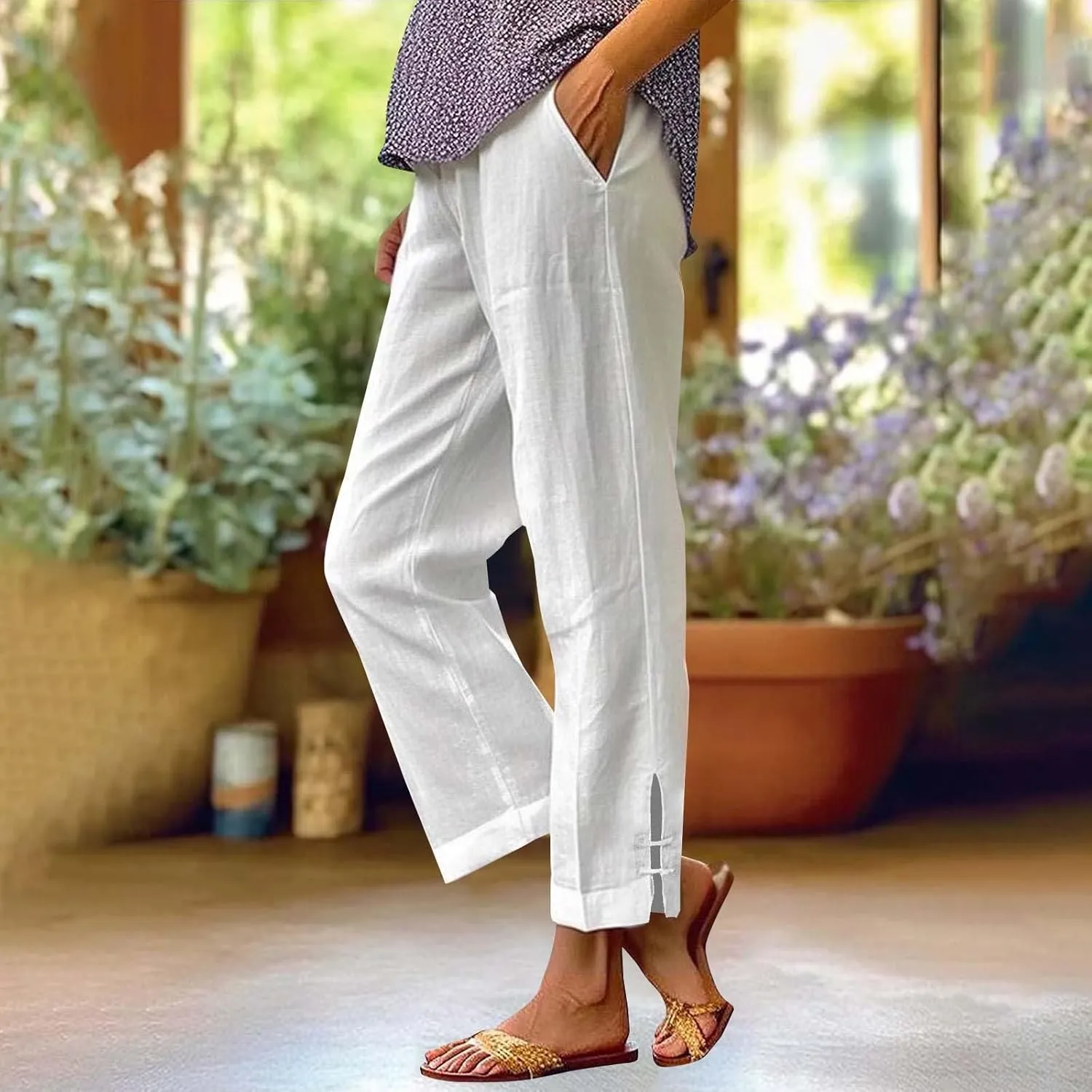 GOFULY Linen Pants for Women Summer 2025 Beach Elastic Waist Pants Wide Leg High Waisted with Pockets Loose Fit Solid Outfits