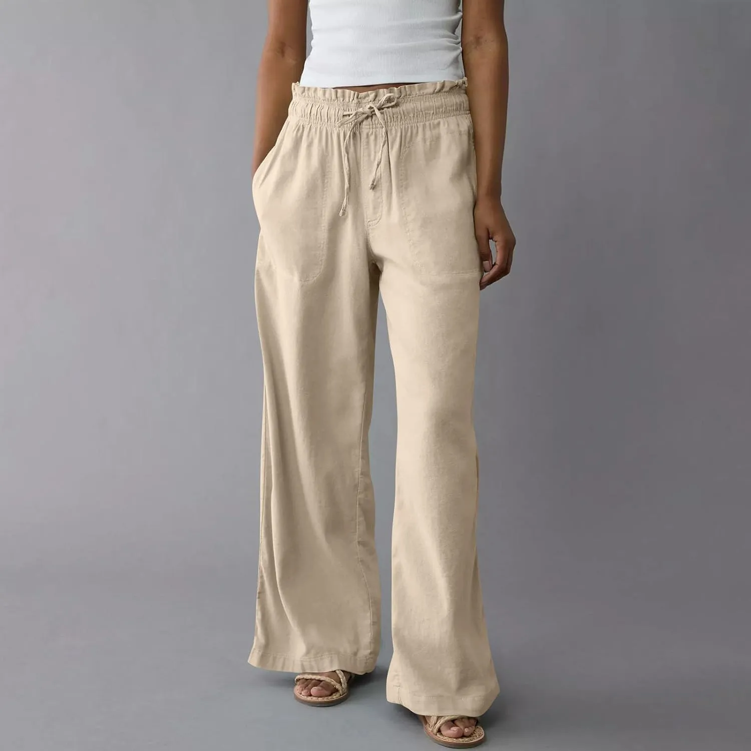 GOFULY Linen Wide Leg Pants for Women 2025 High Waisted Pants Casual Elastic Waist Drawstring Summer Trouser with Pockets