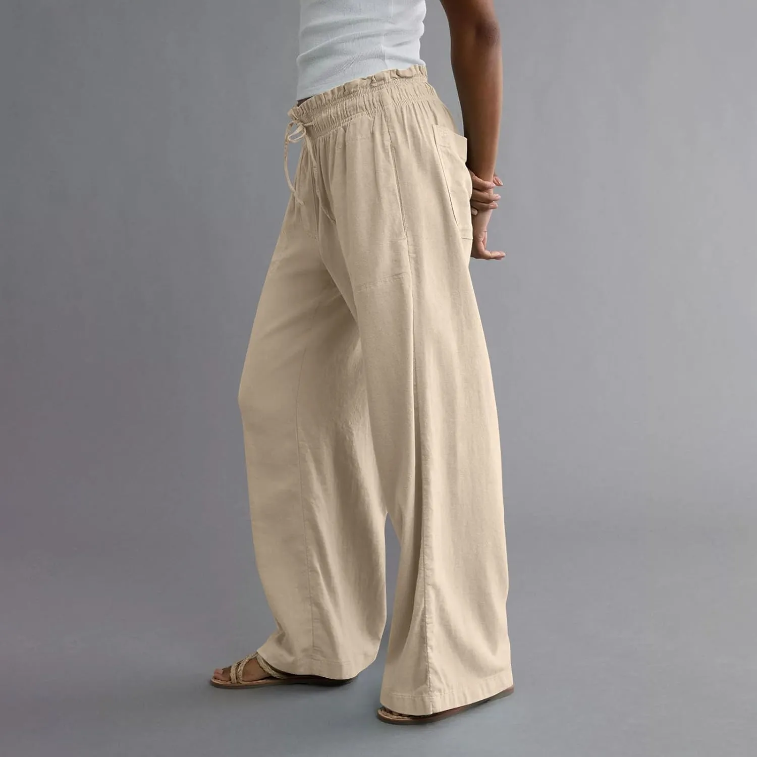 GOFULY Linen Wide Leg Pants for Women 2025 High Waisted Pants Casual Elastic Waist Drawstring Summer Trouser with Pockets