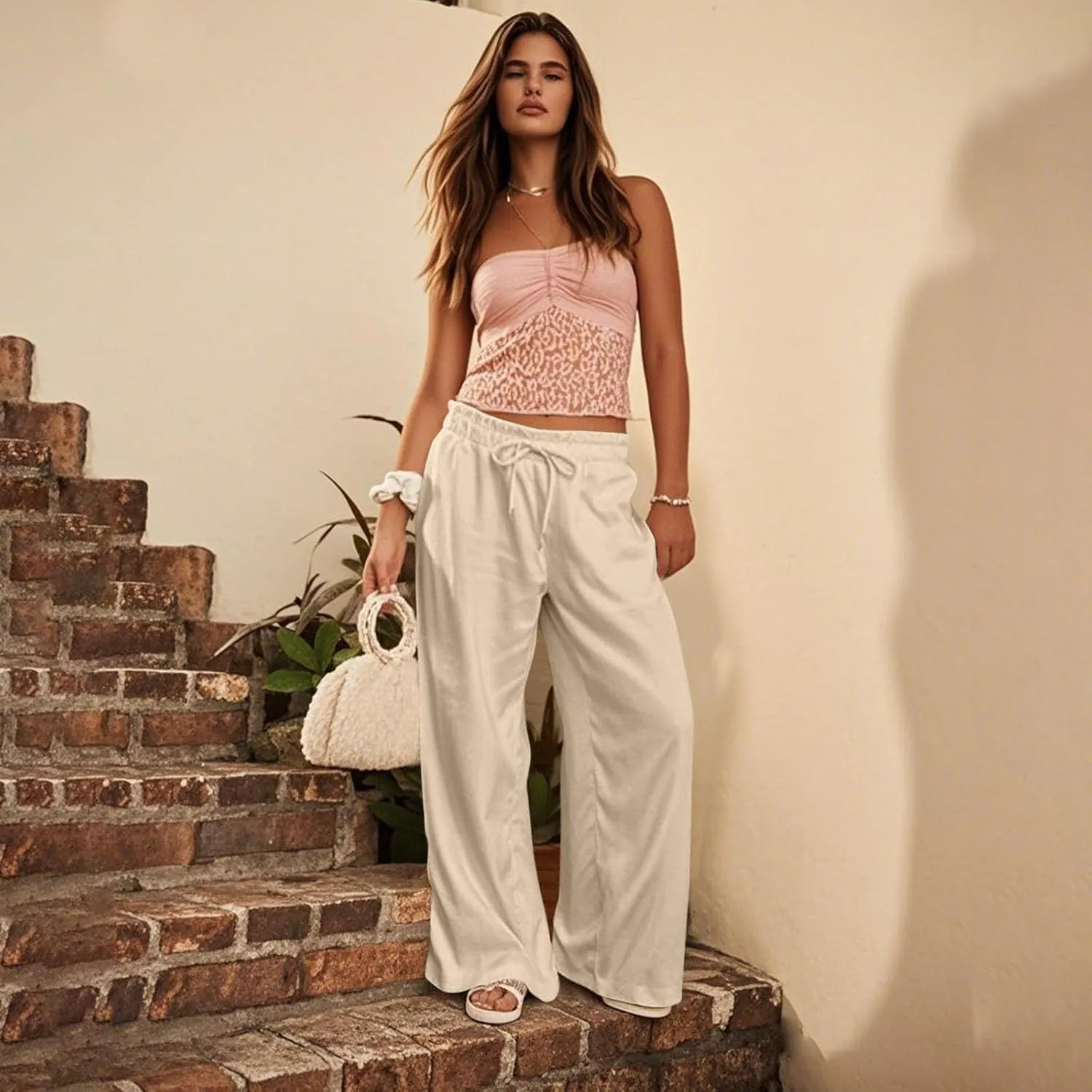 GOFULY Linen Wide Leg Pants for Women 2025 High Waisted Pants Casual Elastic Waist Drawstring Summer Trouser with Pockets