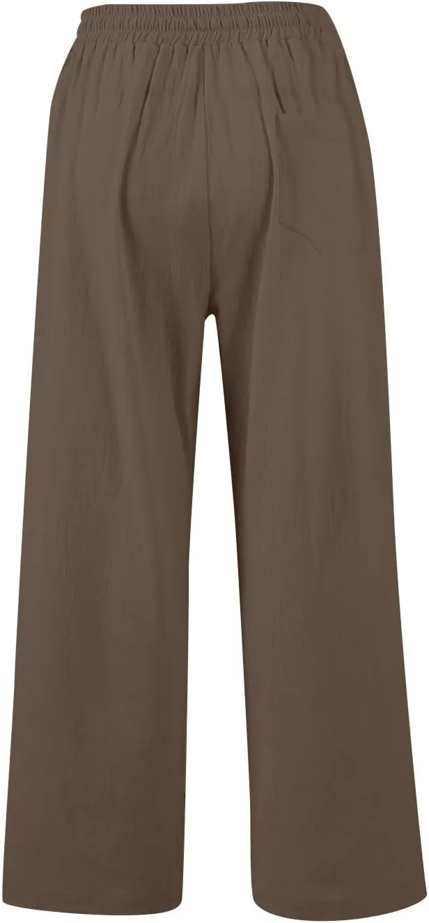 GOFULY Womens Linen Pants Casual Wide Leg 2025 High Rise Pants Drawstring Elastic Waist Summer 2025 Solid Trouser with Pocket
