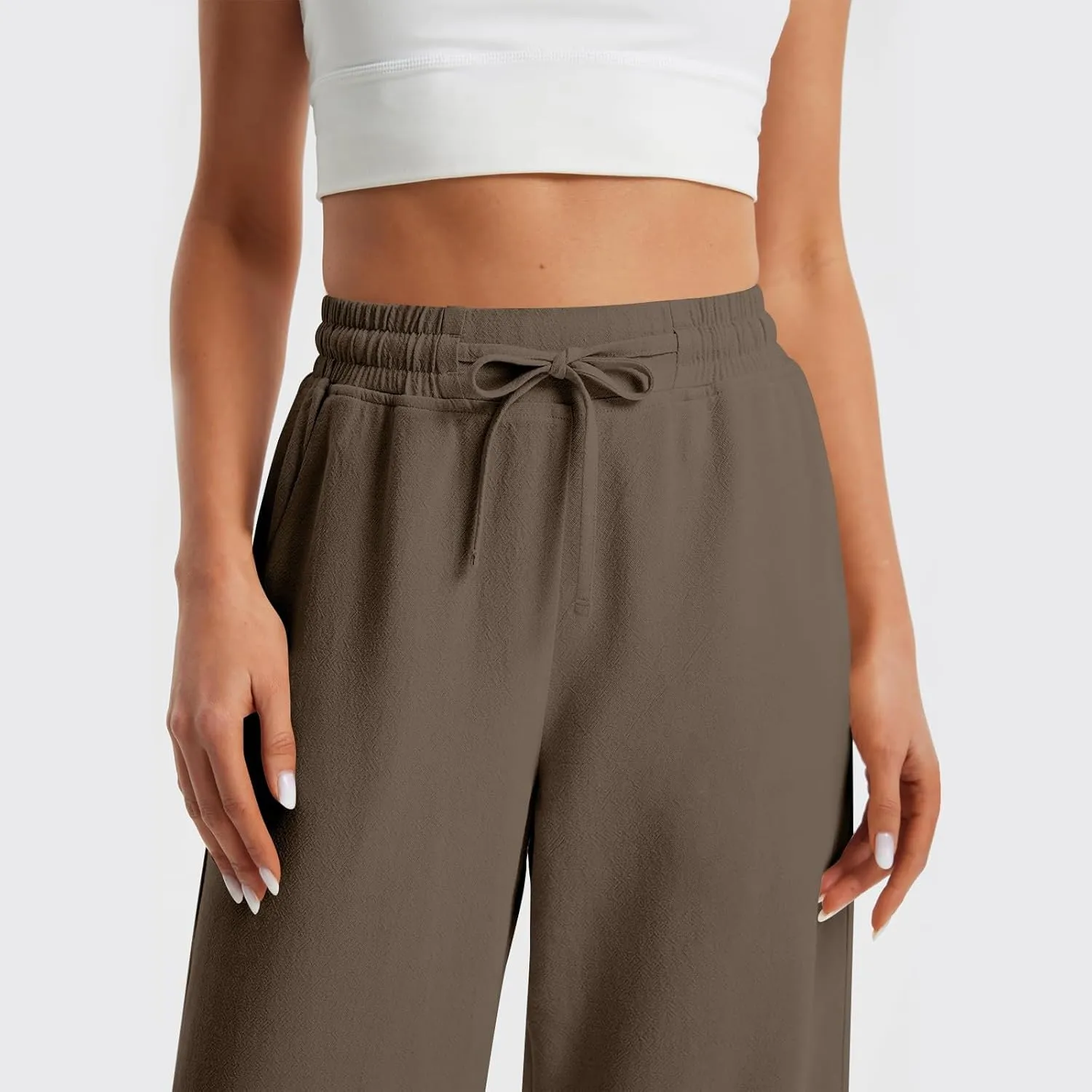 GOFULY Womens Linen Pants Casual Wide Leg 2025 High Rise Pants Drawstring Elastic Waist Summer 2025 Solid Trouser with Pocket