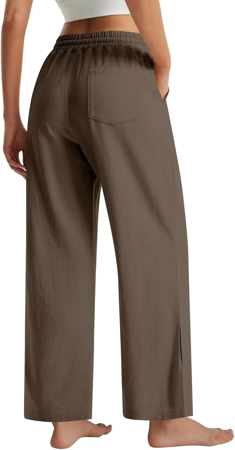 GOFULY Womens Linen Pants Casual Wide Leg 2025 High Rise Pants Drawstring Elastic Waist Summer 2025 Solid Trouser with Pocket
