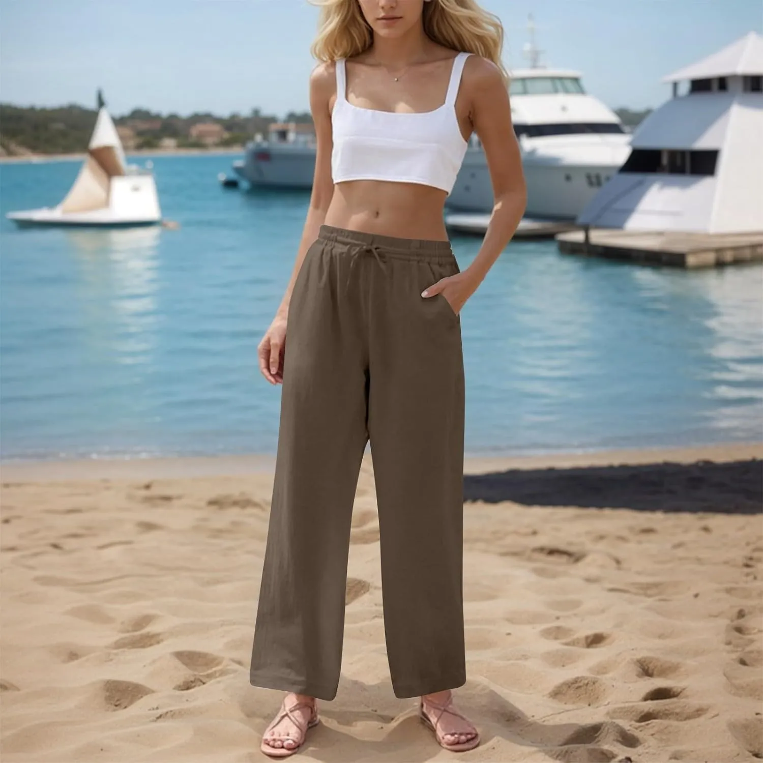 GOFULY Womens Linen Pants Casual Wide Leg 2025 High Rise Pants Drawstring Elastic Waist Summer 2025 Solid Trouser with Pocket