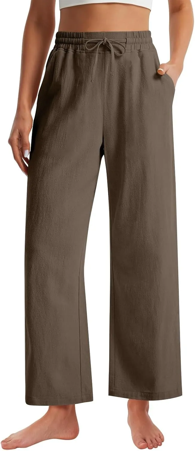 GOFULY Womens Linen Pants Casual Wide Leg 2025 High Rise Pants Drawstring Elastic Waist Summer 2025 Solid Trouser with Pocket