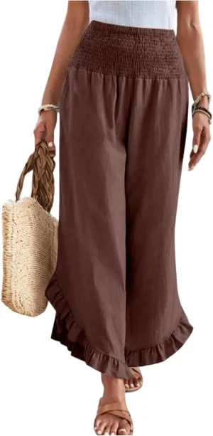 GOFULY Womens Pants Linen Wide Leg Summer Vacation High Waisted Palazzo Pants Elastic Waist Loose Solid Clothes with Pockets
