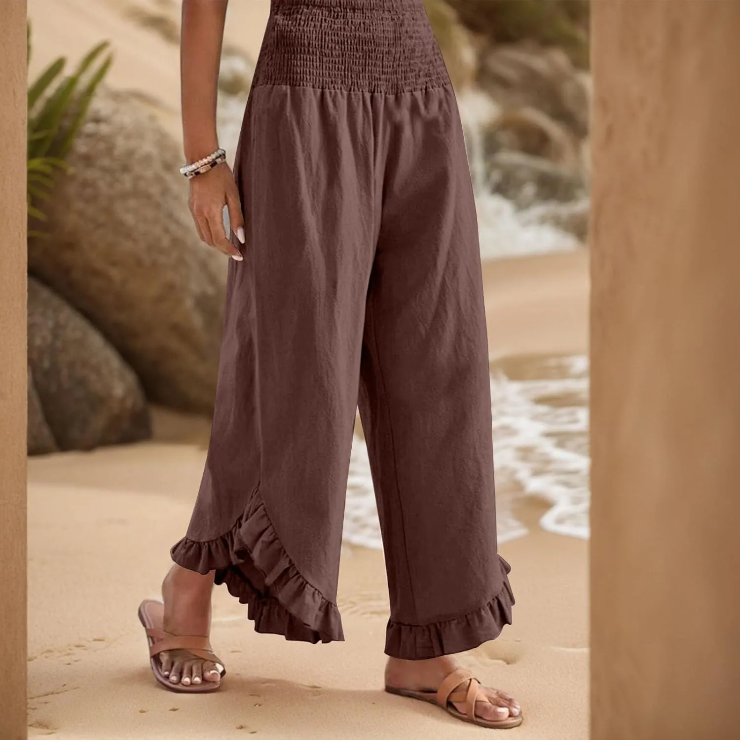 GOFULY Womens Pants Linen Wide Leg Summer Vacation High Waisted Palazzo Pants Elastic Waist Loose Solid Clothes with Pockets