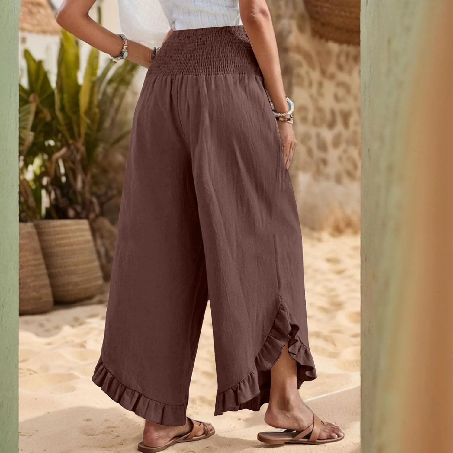 GOFULY Womens Pants Linen Wide Leg Summer Vacation High Waisted Palazzo Pants Elastic Waist Loose Solid Clothes with Pockets