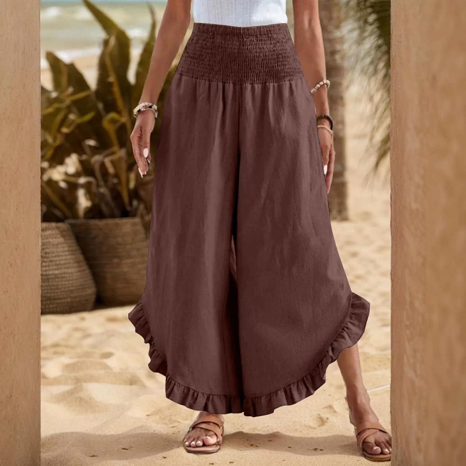 GOFULY Womens Pants Linen Wide Leg Summer Vacation High Waisted Palazzo Pants Elastic Waist Loose Solid Clothes with Pockets