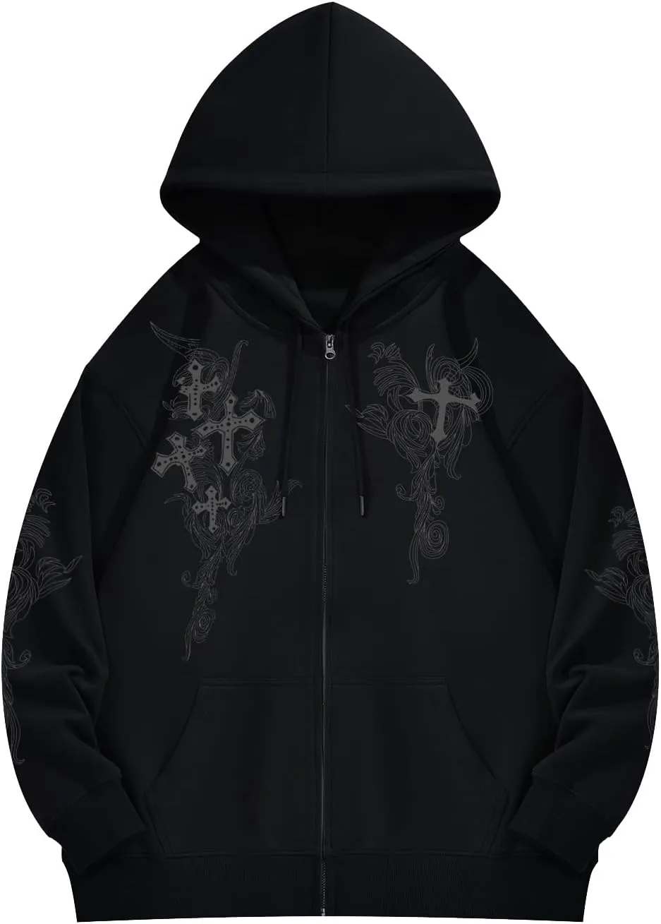Goth Zip Up Hoodie Women Grunge Cross Graphic Jacket Y2k Aesthetic Zipper Hoodies Vintage Harajuku Sweatshirt Unisex