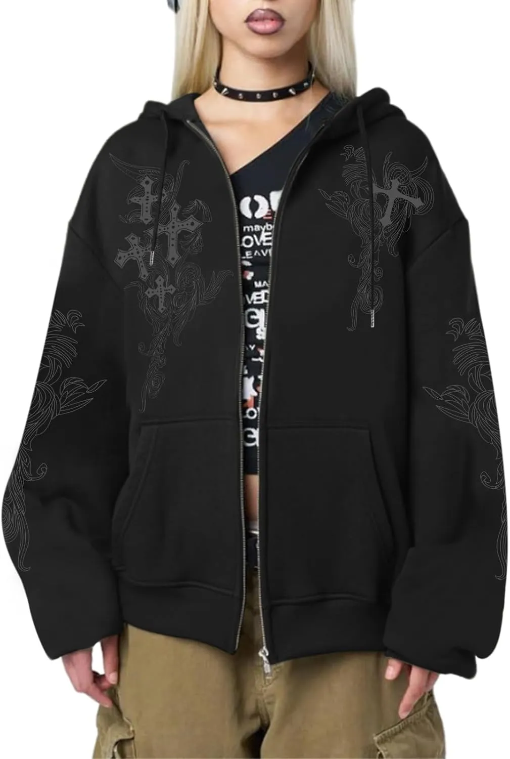 Goth Zip Up Hoodie Women Grunge Cross Graphic Jacket Y2k Aesthetic Zipper Hoodies Vintage Harajuku Sweatshirt Unisex